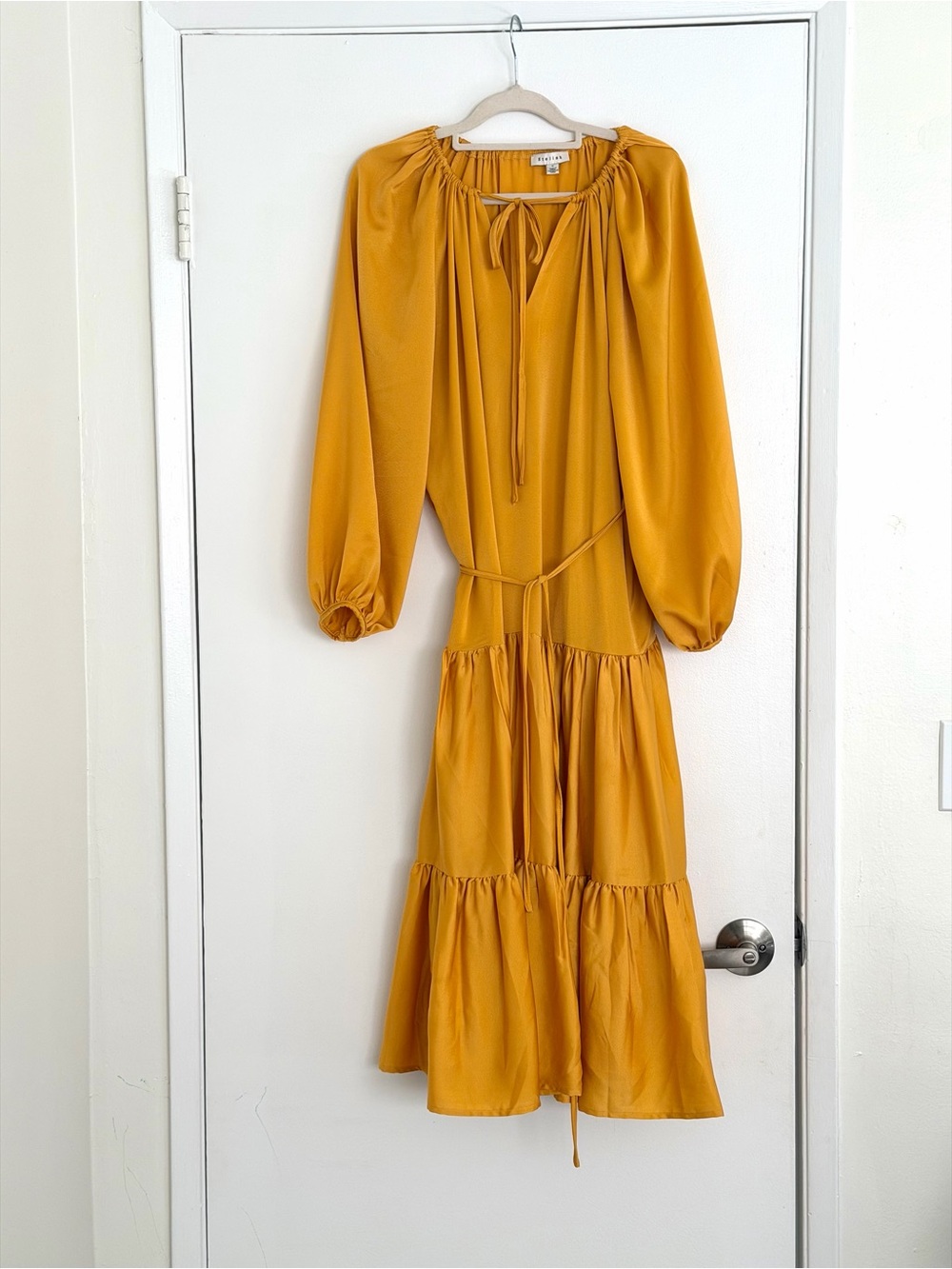 Stellah Vibrant Yellow/Gold/Mustard Satin Tiered Long Sleeve Midi Dress - Size S